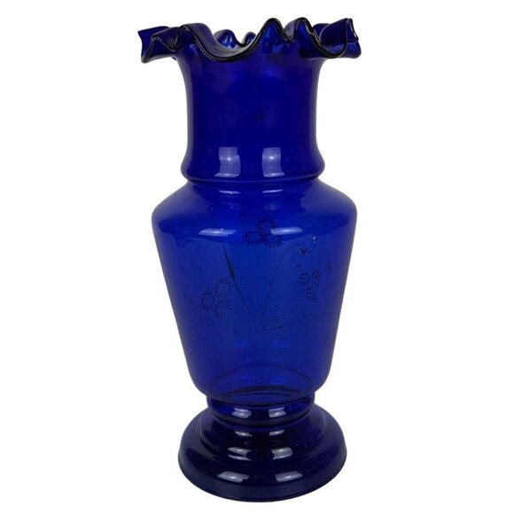 Cobalt Blue Art Glass Vase Hand Painted Flowers Ruffled Edge Vintage - Picture 4 of 7
